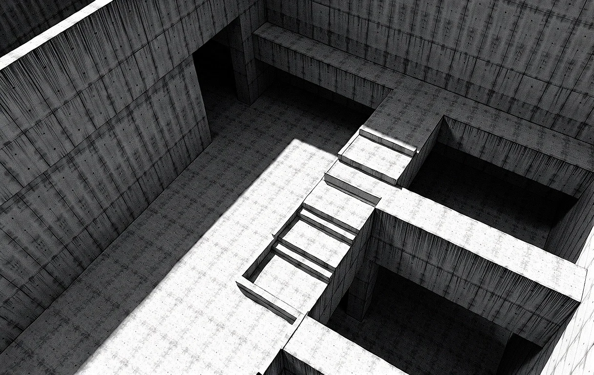 Monochromatic architectural perspective representing an untracked path